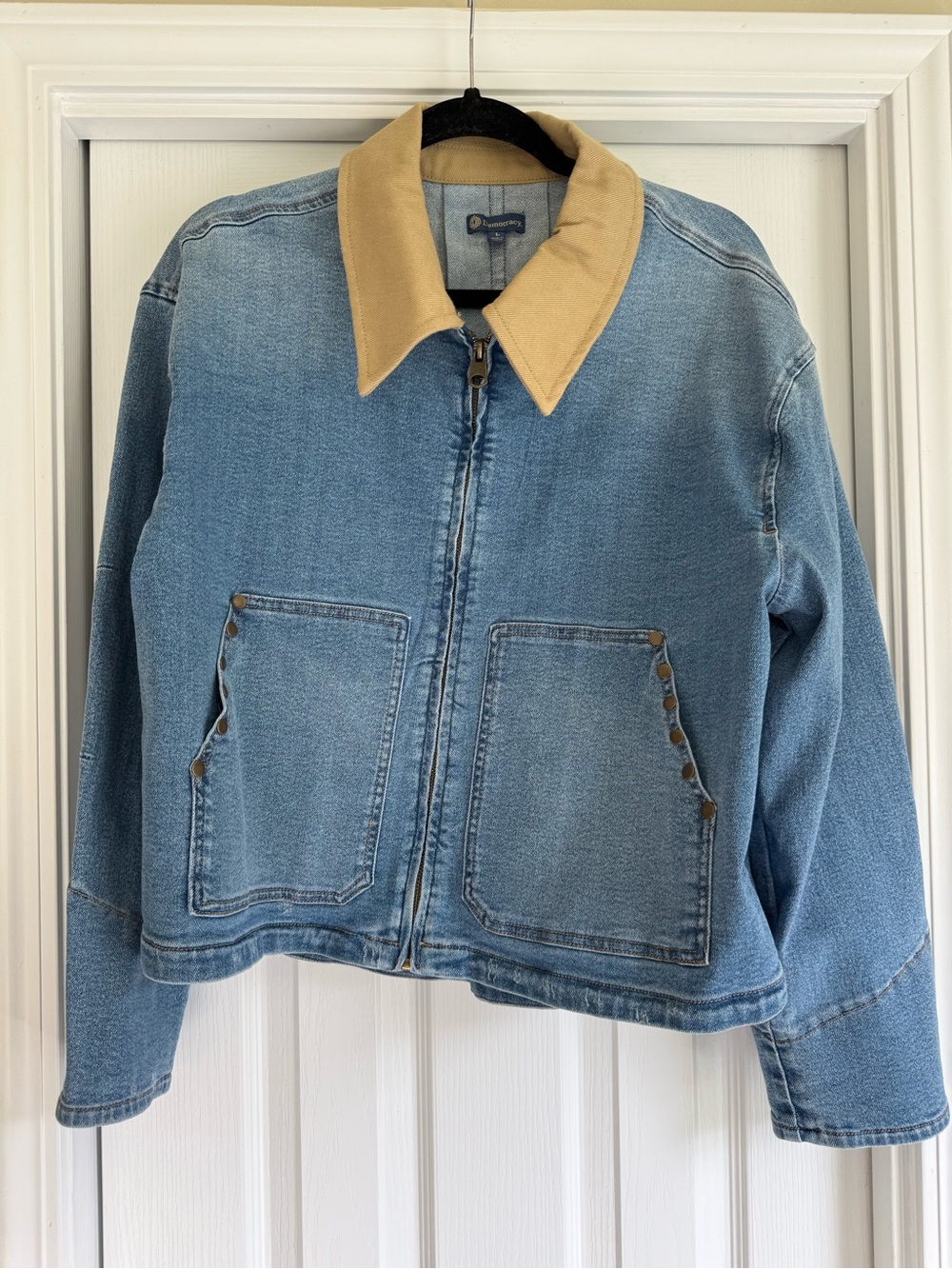Democracy Light Blue Denim Jacket with Tan Collar